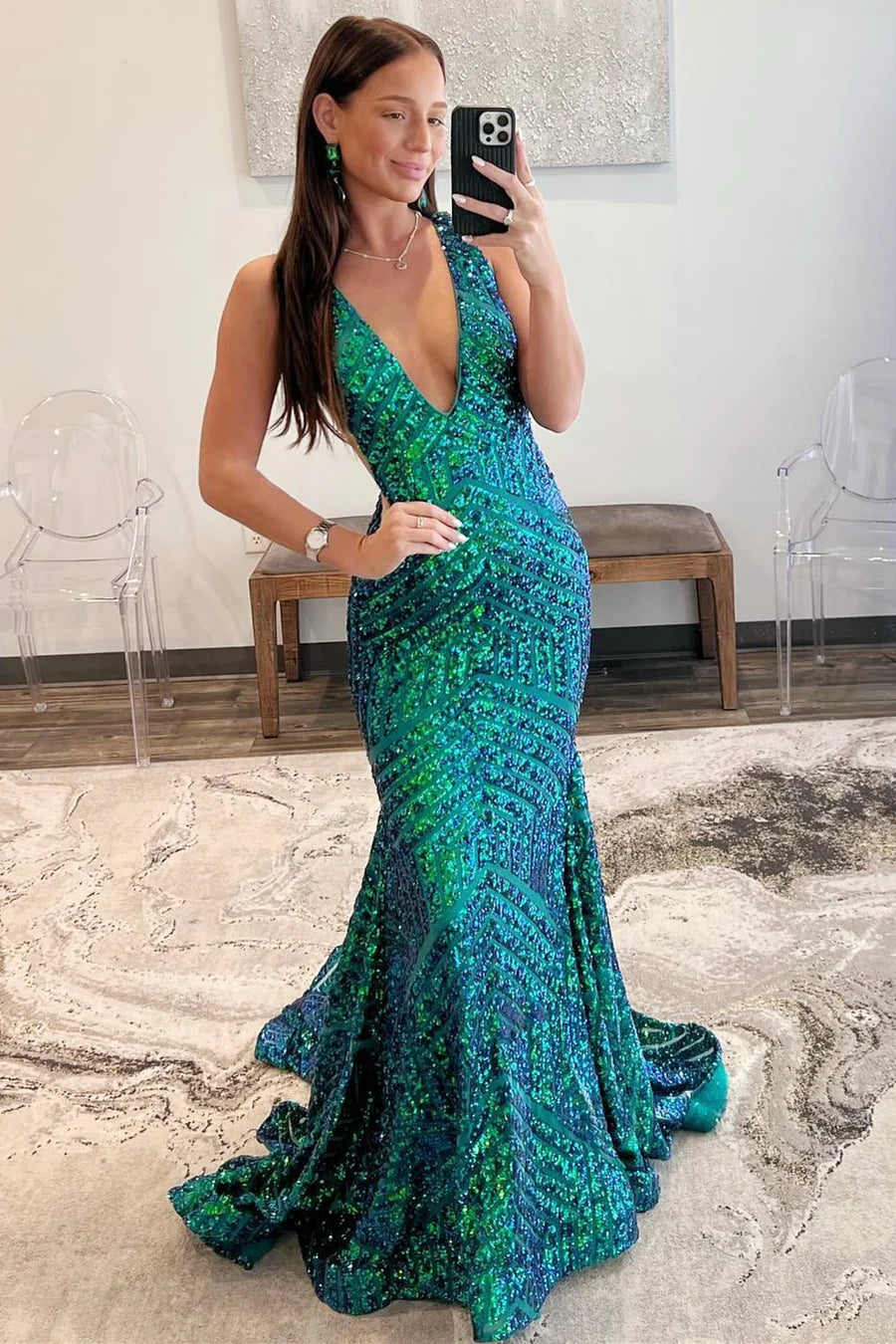 Plunge V  Sequins Mermaid Long Evening Dress