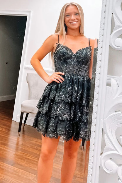 Sequin Lace Corset Bodice Tiered Homecoming Dress