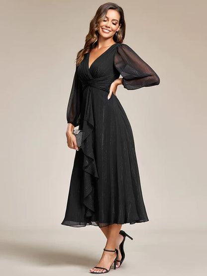 See-Through Long Sleeve Twist Knot A-Line Lotus Leaf Shimmering Evening Dress/Prom Dresses Party Dresses
