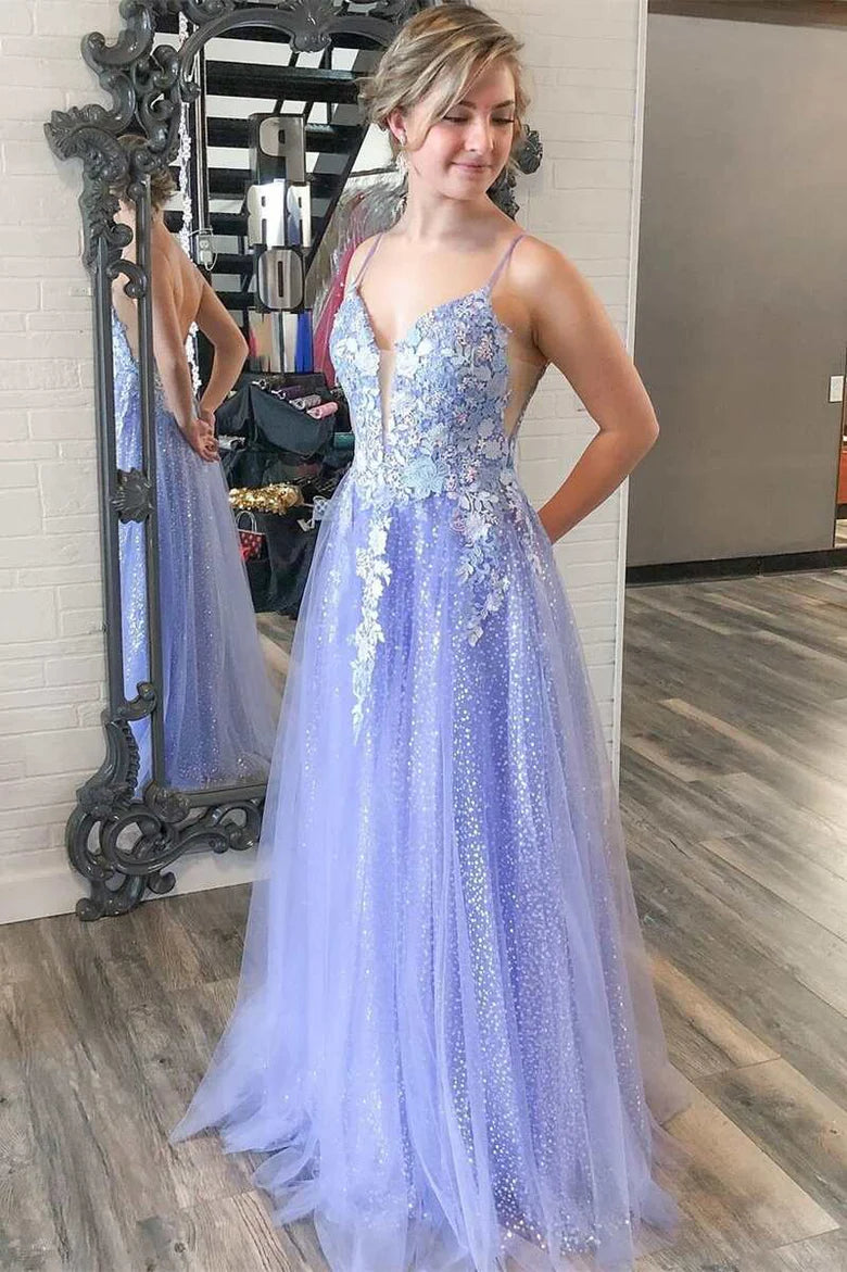 Sparkle  Tulle Flowers Straps Backless A-Line Prom Dress