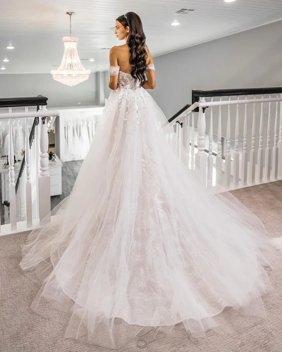 Elegant A Line Off-the-Shoulder V-Neck Sweetheart Tulle Long Wedding Dresses with Slit