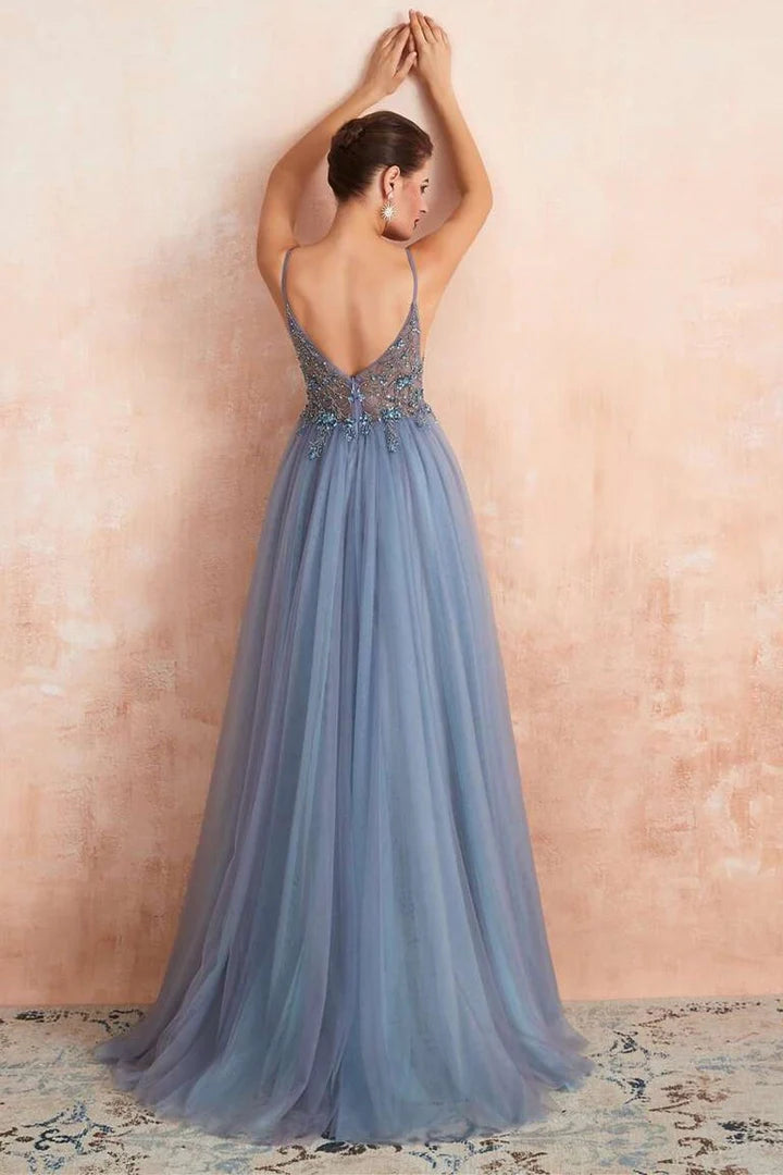 Tulle Beaded High Side Silt Prom Dress