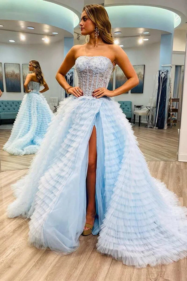 Tiered  Strapless A-Line Prom Dress with Slit