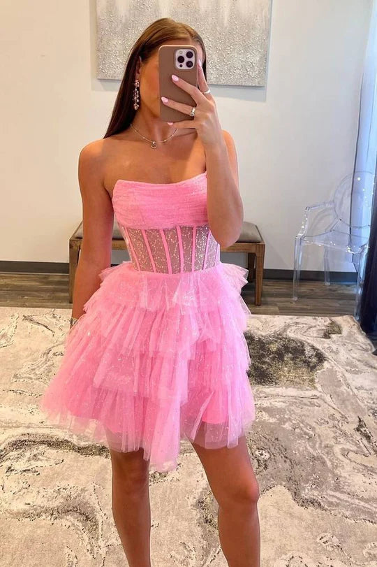 Strapless A-Line Tulle Ruffle Homecoming Dress
