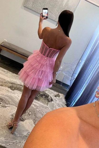 Strapless A-Line Tulle Ruffle Homecoming Dress