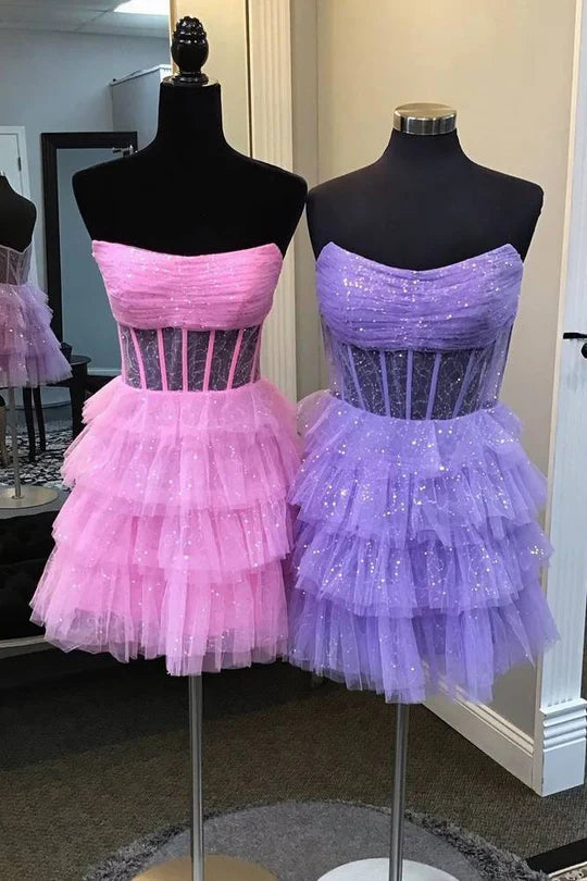 Strapless A-Line Tulle Ruffle Homecoming Dress