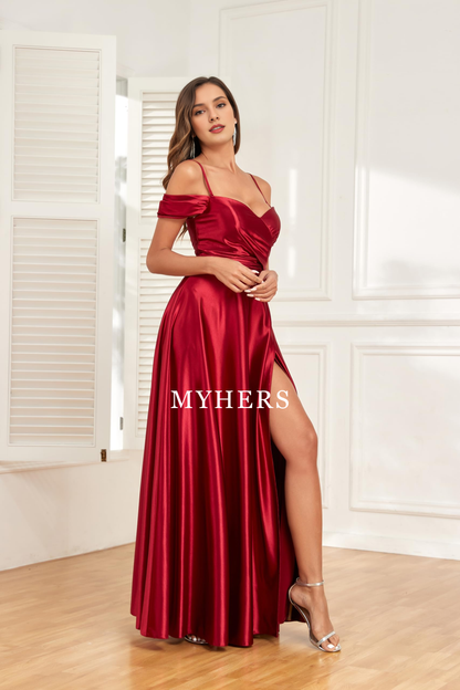 Formal Wear Dresses A Line Off Shoulder Satin Bridesmaid Dresses Spaghetti Strap Long Ruched Side Fork Prom Dress