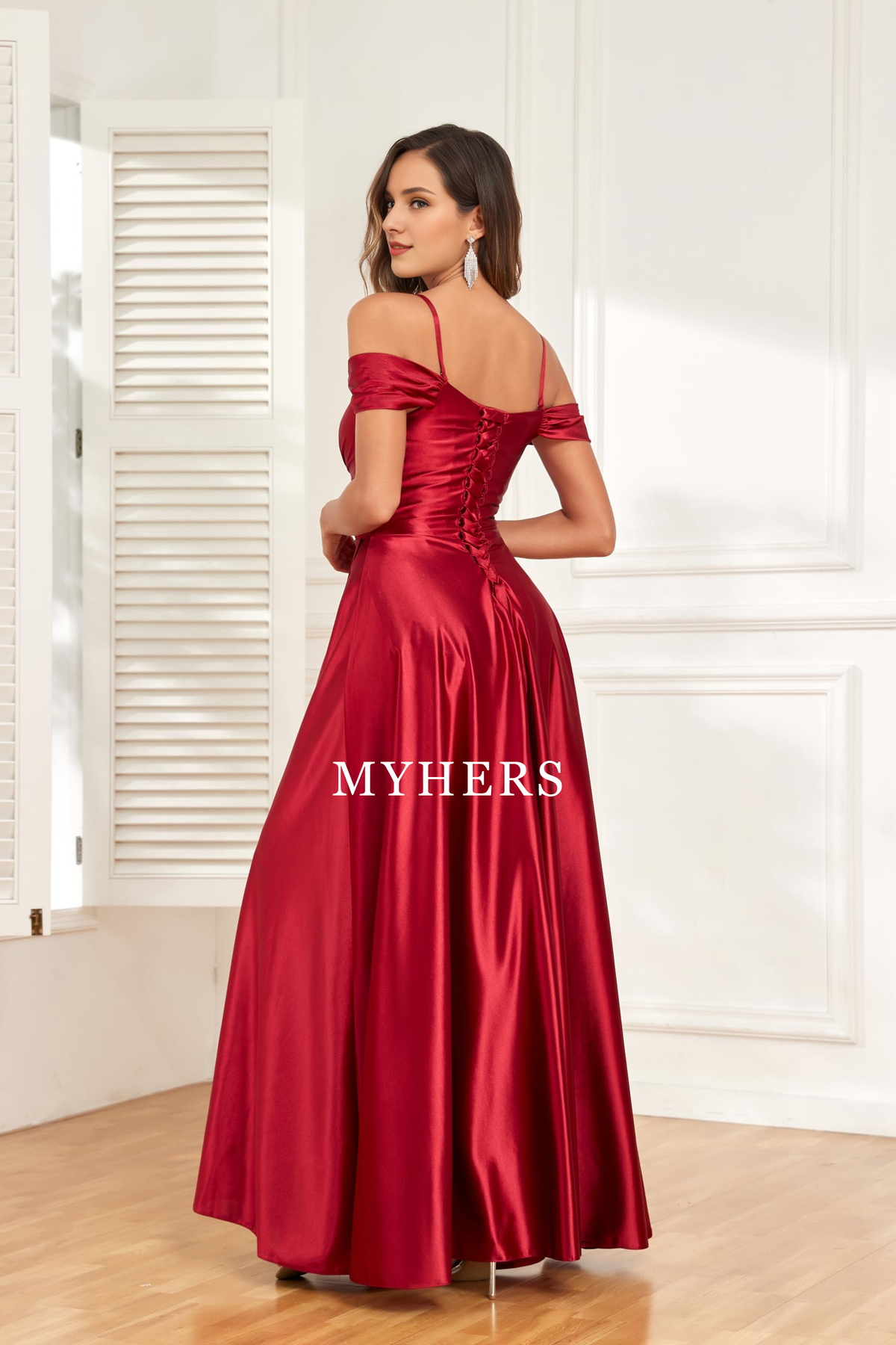 Formal Wear Dresses A Line Off Shoulder Satin Bridesmaid Dresses Spaghetti Strap Long Ruched Side Fork Prom Dress
