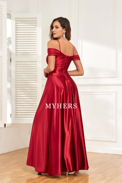 Formal Wear Dresses A Line Off Shoulder Satin Bridesmaid Dresses Spaghetti Strap Long Ruched Side Fork Prom Dress