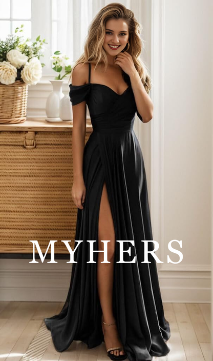 Formal Wear Dresses A Line Off Shoulder Satin Bridesmaid Dresses Spaghetti Strap Long Ruched Side Fork Prom Dress