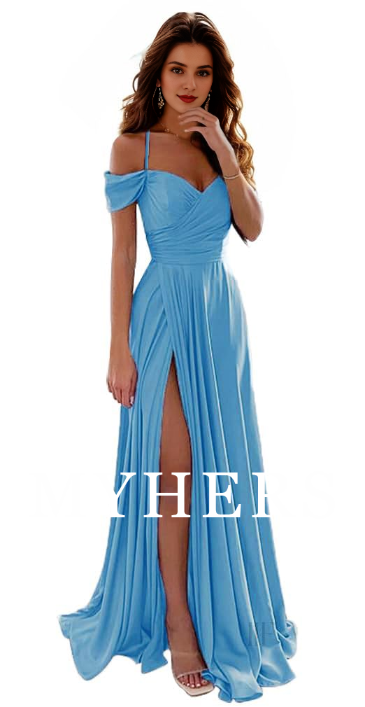 Formal Wear Dresses A Line Off Shoulder Satin Bridesmaid Dresses Spaghetti Strap Long Ruched Side Fork Prom Dress
