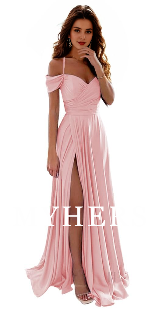 Formal Wear Dresses A Line Off Shoulder Satin Bridesmaid Dresses Spaghetti Strap Long Ruched Side Fork Prom Dress
