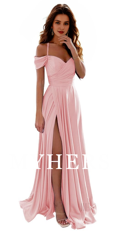 Formal Wear Dresses A Line Off Shoulder Satin Bridesmaid Dresses Spaghetti Strap Long Ruched Side Fork Prom Dress