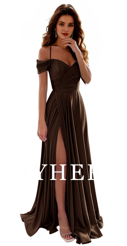 Formal Wear Dresses A Line Off Shoulder Satin Bridesmaid Dresses Spaghetti Strap Long Ruched Side Fork Prom Dress