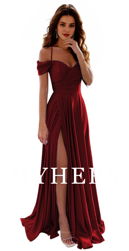 Formal Wear Dresses A Line Off Shoulder Satin Bridesmaid Dresses Spaghetti Strap Long Ruched Side Fork Prom Dress