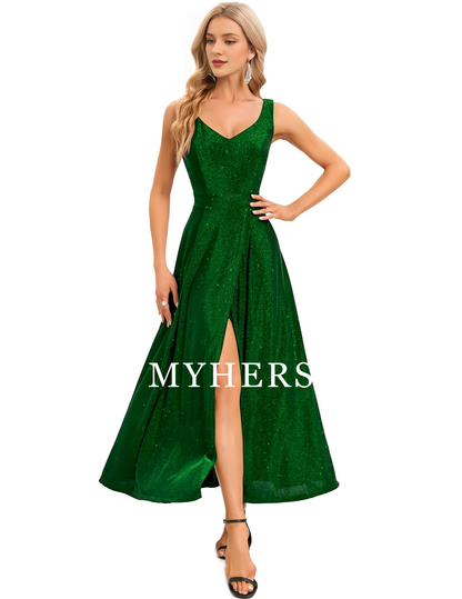 Formal Wear Dresses  Neck Cocktail Slit Dress Evening Party Side Fork Sparkle Long Prom Dress