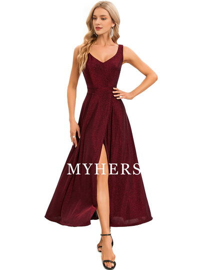 Formal Wear Dresses  Neck Cocktail Slit Dress Evening Party Side Fork Sparkle Long Prom Dress