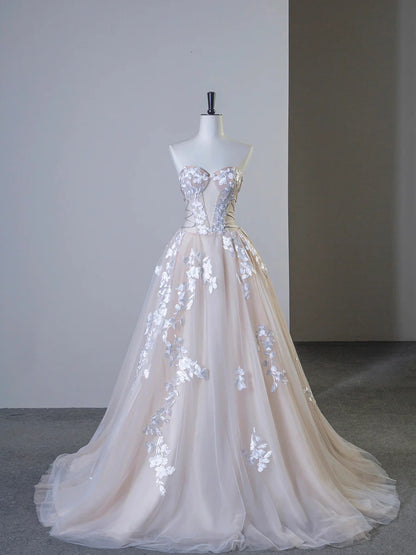 Wedding Dress A-Line Strapless Champagne Tulle Lace Long Prom Dress Formal Evening Dress