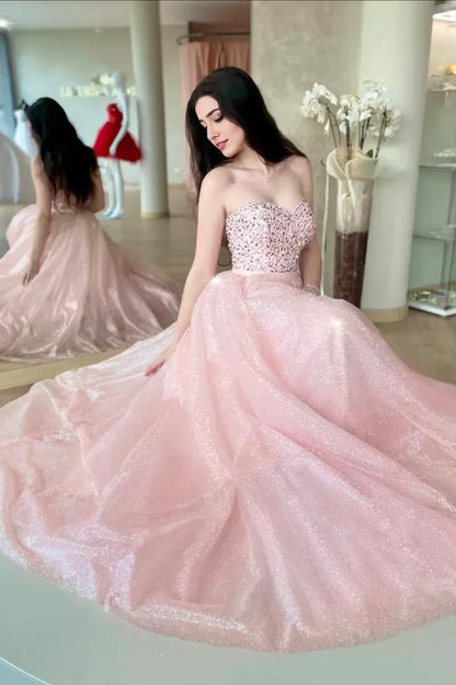 A-Line Sleek Glitter Sparking Sweetheart Sequins Long Prom Dress Lovely Evening Party Dress