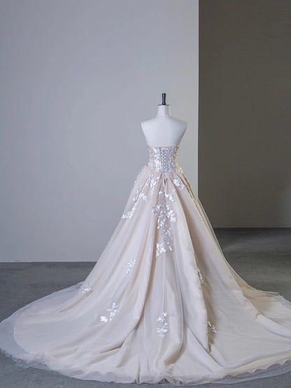 Wedding Dress A-Line Strapless Champagne Tulle Lace Long Prom Dress Formal Evening Dress