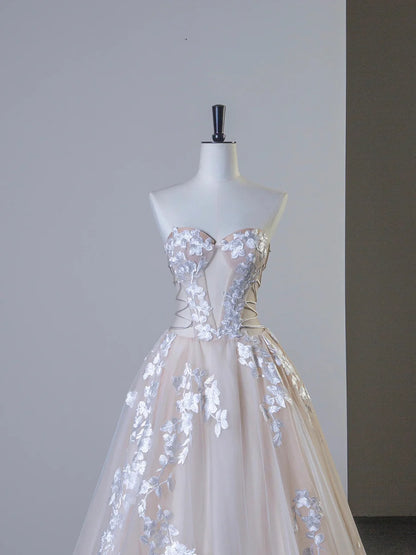 Wedding Dress A-Line Strapless Champagne Tulle Lace Long Prom Dress Formal Evening Dress