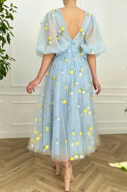 Little Daisy Blue V-Neck Tulle Lace Short Prom Dress Cute Short Sleeve Party Dress With Embroidered Little Daisy