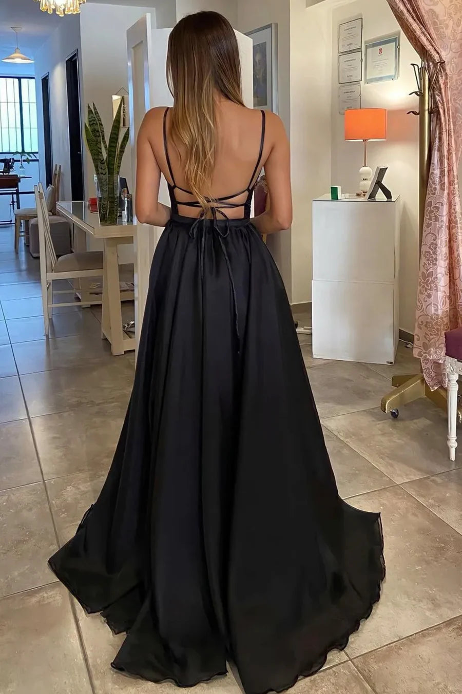 A Line Spaghetti Straps V Neck Black Chiffon Beaded Long Prom Dress Backless Evening Party Dress