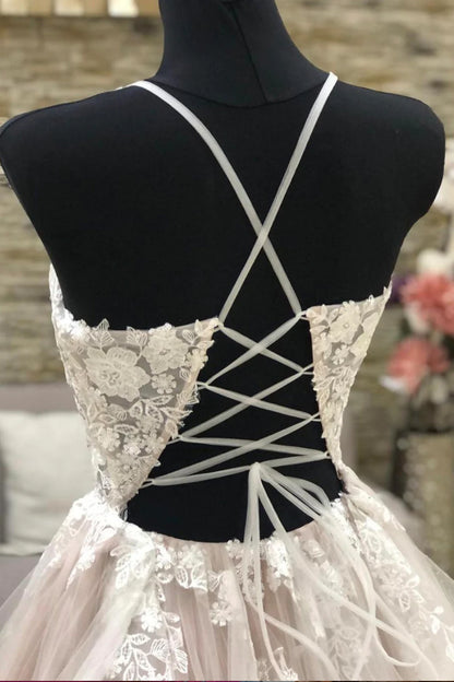 Wedding Dresses Sweetheart V-Neck Floor Length Lace Tulle Sleeveless Long Prom Dresses with Lace Appliques