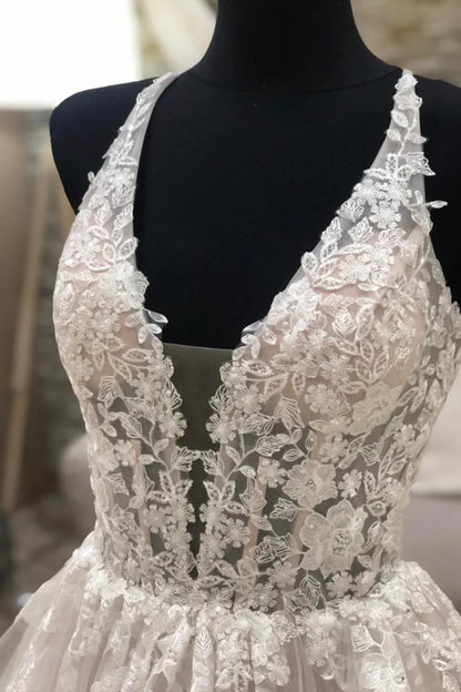 Wedding Dresses Sweetheart V-Neck Floor Length Lace Tulle Sleeveless Long Prom Dresses with Lace Appliques