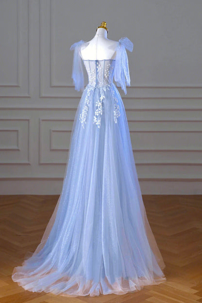 A-Line Evening Party Dress Blue Spaghetti Strap Tulle Lace Long Prom Dress With Appliques