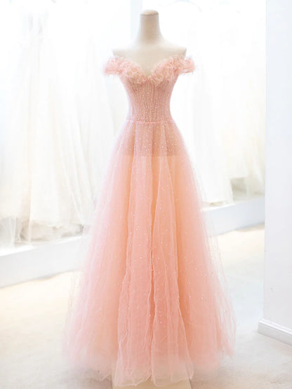 A-Line Lovely Off The Shoulder Evening Party Dress Pink Tulle Sequins Long Prom Dress