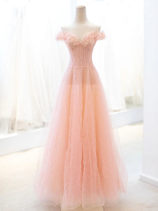 A-Line Lovely Off The Shoulder Evening Party Dress Pink Tulle Sequins Long Prom Dress