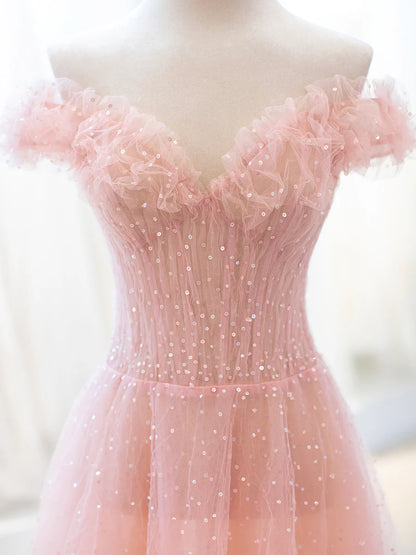 A-Line Lovely Off The Shoulder Evening Party Dress Pink Tulle Sequins Long Prom Dress