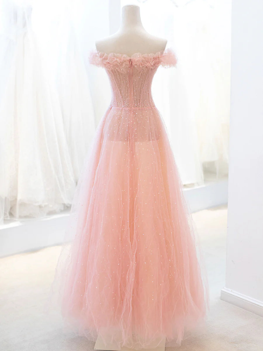 A-Line Lovely Off The Shoulder Evening Party Dress Pink Tulle Sequins Long Prom Dress