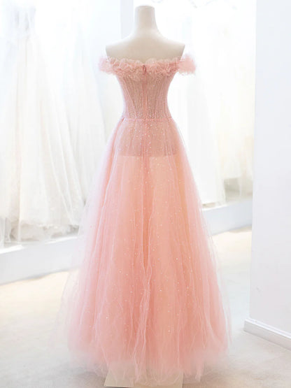 A-Line Lovely Off The Shoulder Evening Party Dress Pink Tulle Sequins Long Prom Dress