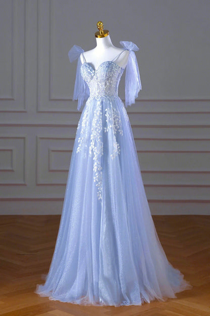 A-Line Evening Party Dress Blue Spaghetti Strap Tulle Lace Long Prom Dress With Appliques