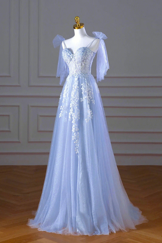 A-Line Evening Party Dress Blue Spaghetti Strap Tulle Lace Long Prom Dress With Appliques