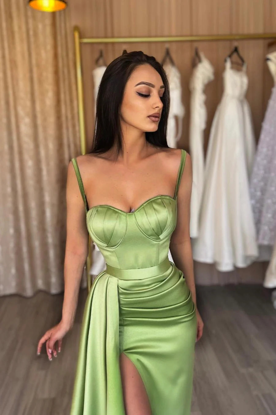 A Line Satin Spaghetti Straps Pleats High Split Long Prom Dress Green Evening Party Dress