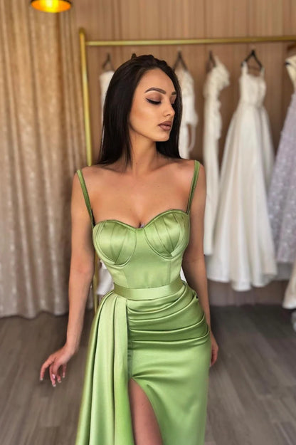A Line Satin Spaghetti Straps Pleats High Split Long Prom Dress Green Evening Party Dress