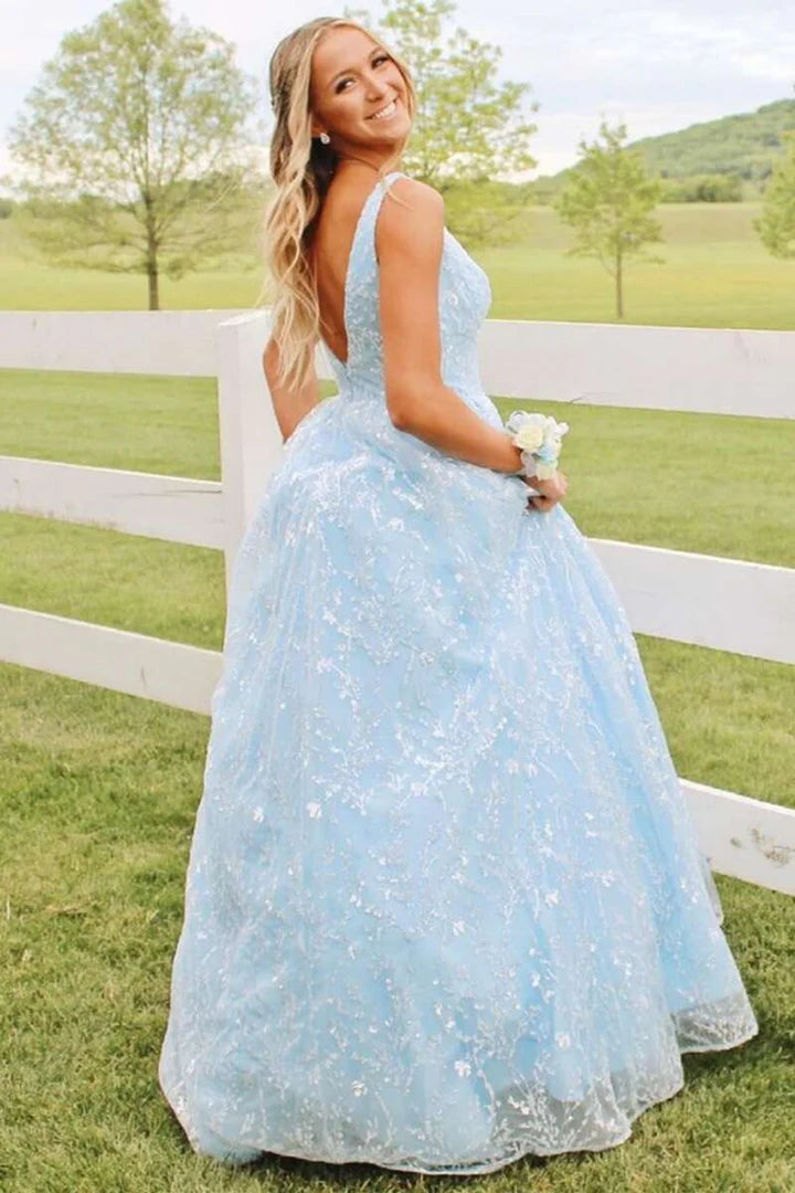 Princess  Lace V-Neck Backless A-Line Prom Gown