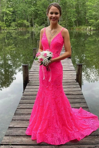 Trumpet  Lace Open Back Long Prom Dress