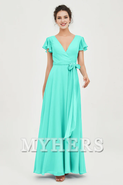 MY HERS Chiffon A-Line V-neck Flutter Sleeves Pleated Lace up Floor-Length Elegant Simple Bridesmaid Dresses Wedding Guests Dresses