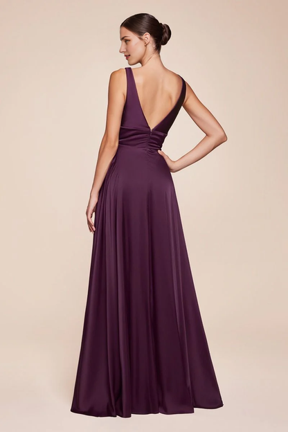 November December Wedding Guest Formal Dress Satin A-Line Deep V-Neck Open Front Leg Slit Backless Prom Dress