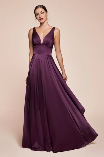 November December Wedding Guest Formal Dress Satin A-Line Deep V-Neck Open Front Leg Slit Backless Prom Dress