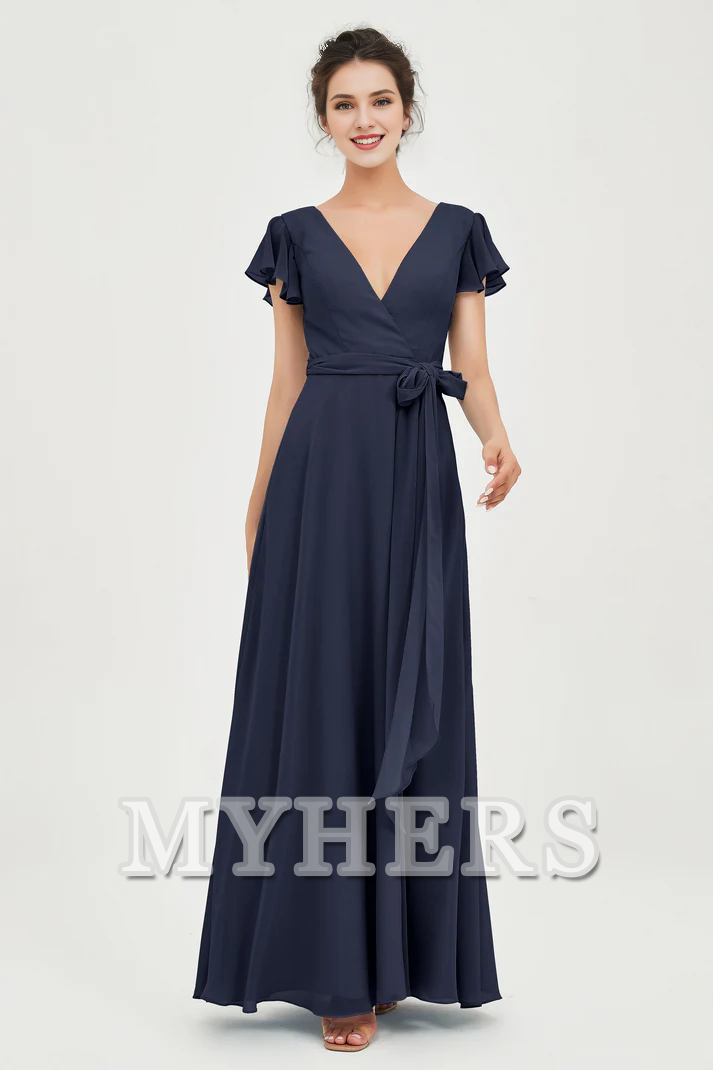 MY HERS Chiffon A-Line V-neck Flutter Sleeves Pleated Lace up Floor-Length Elegant Simple Bridesmaid Dresses Wedding Guests Dresses