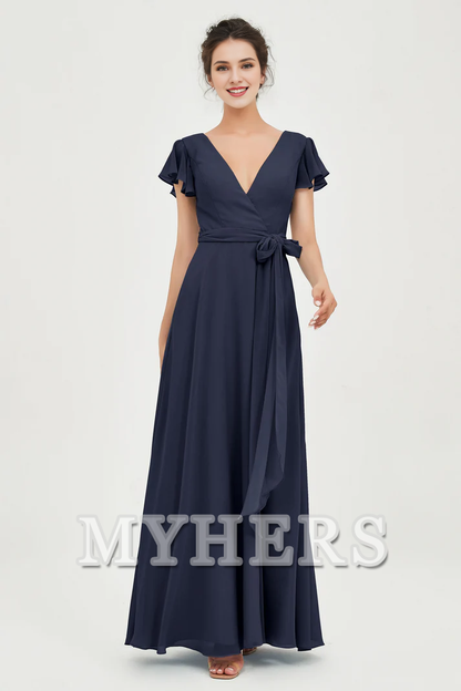 MY HERS Chiffon A-Line V-neck Flutter Sleeves Pleated Lace up Floor-Length Elegant Simple Bridesmaid Dresses Wedding Guests Dresses
