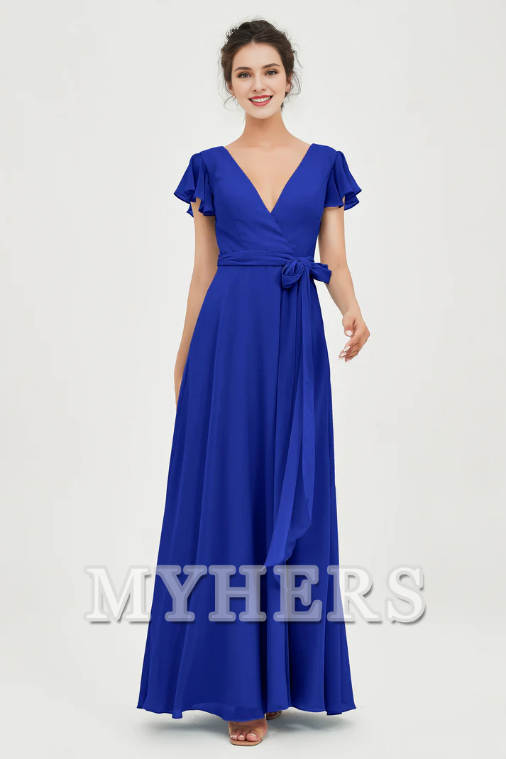MY HERS Chiffon A-Line V-neck Flutter Sleeves Pleated Lace up Floor-Length Elegant Simple Bridesmaid Dresses Wedding Guests Dresses