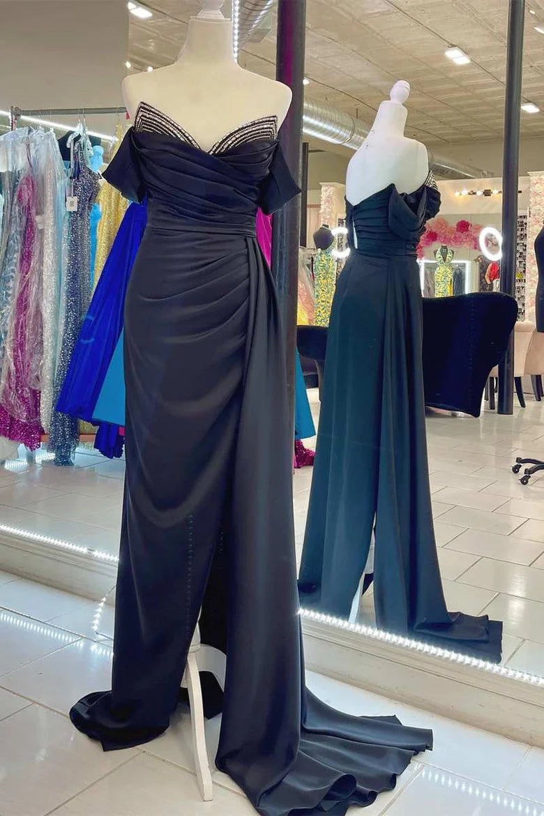Ruching  Off-the-Shoulder Long Formal Dress with Attached Train