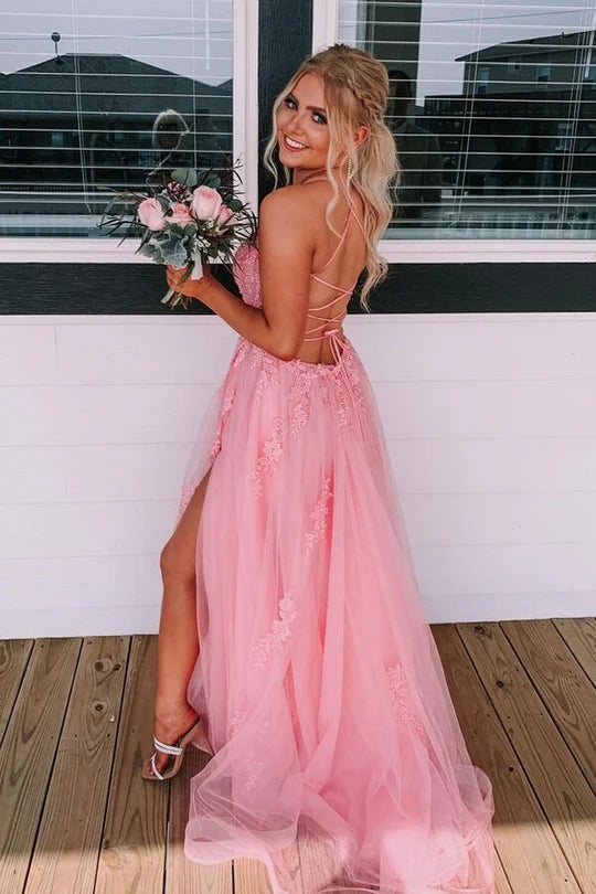 Lace Up Back  A-line Long Formal Dress