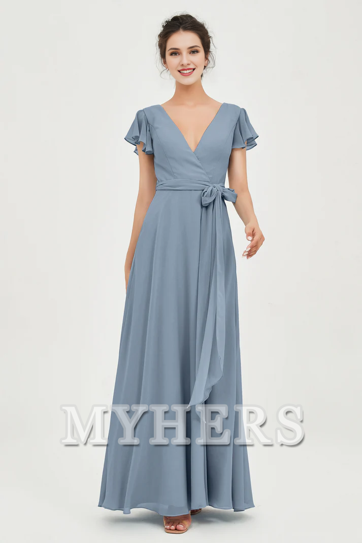 MY HERS Chiffon A-Line V-neck Flutter Sleeves Pleated Lace up Floor-Length Elegant Simple Bridesmaid Dresses Wedding Guests Dresses
